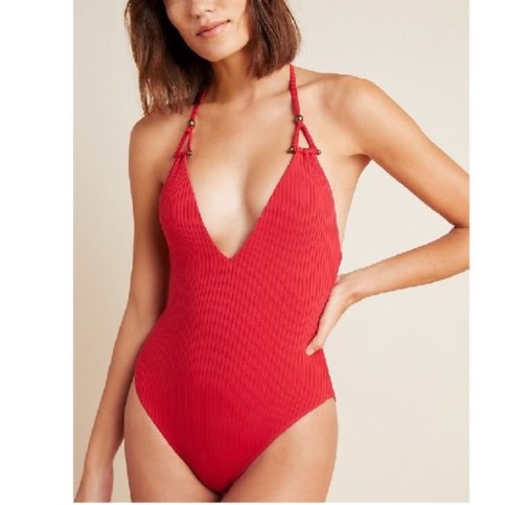 💥 Red Carter Adanna Plunge One-Piece Halter Swimsuit